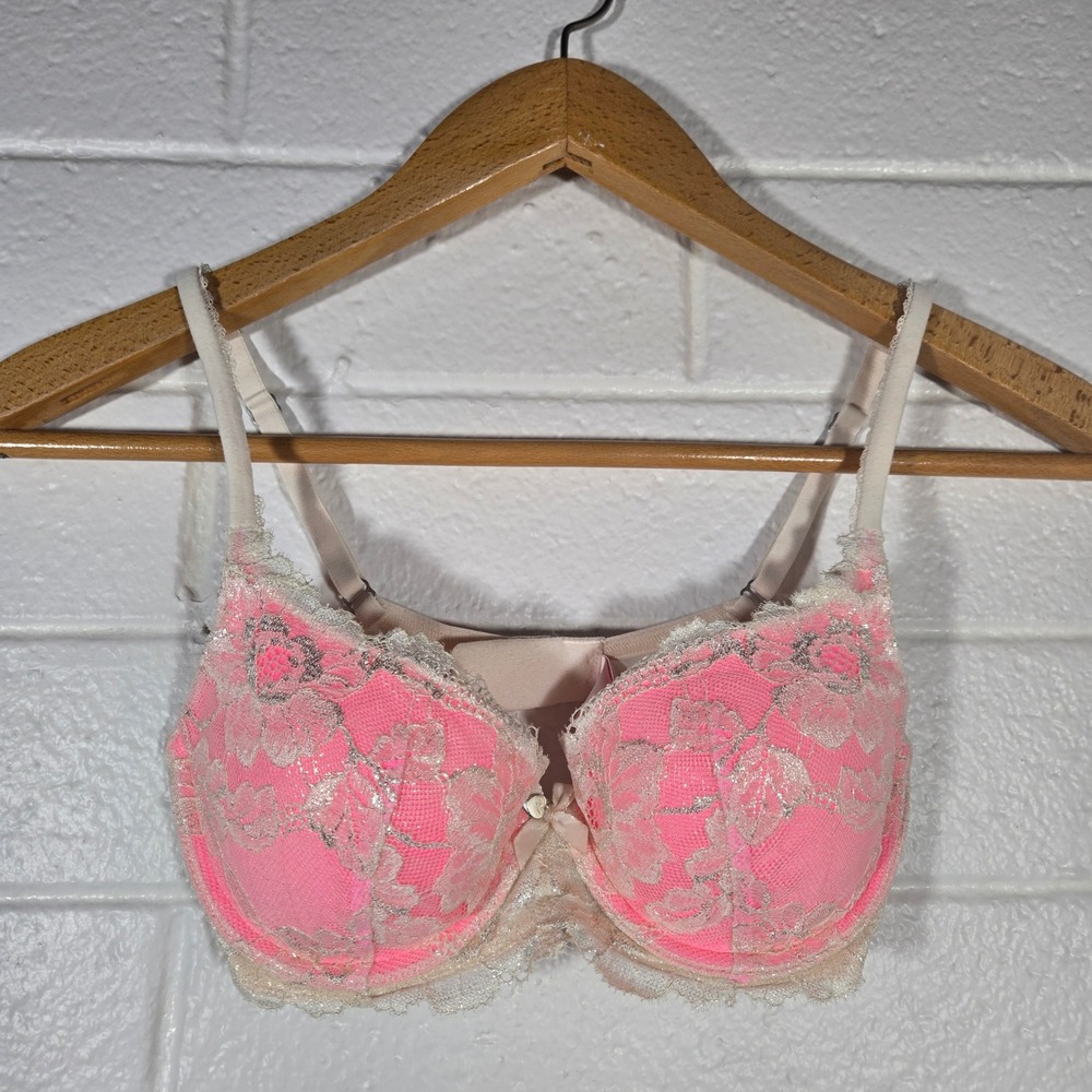 Victoria's Secret‎ Body Lace Sparkle Demi Bra 32D Pushup Bow Coquette Valentines